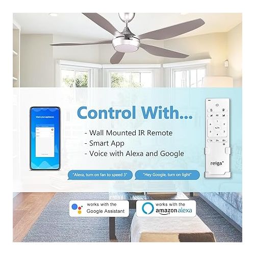  reiga Smart Ceiling Fan with Dimmable LED Lighting and Remote Control, 137 cm, 3 Colour Temperatures & 6 Wind Speeds, Timer & DC Motor, Compatible with Smart Life App, Silver