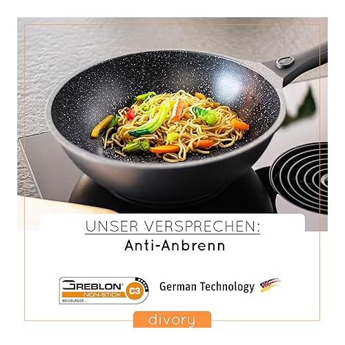  DIVORY Wok Pan 30 cm with Lid Removable Handle Suitable for Induction Cookers Non-Stick Coating Induction Includes Wok Spatula and Pan Protector