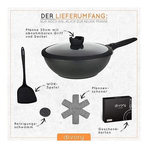  DIVORY Wok Pan 30 cm with Lid Removable Handle Suitable for Induction Cookers Non-Stick Coating Induction Includes Wok Spatula and Pan Protector