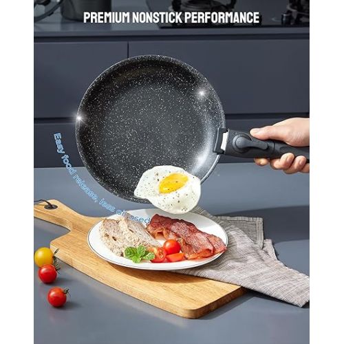  BEZIA Pan Set with Removable Handles, Pots and Pans Set with Lid, Induction Pots Set, 10 Pieces, Non-Stick Coating, for All Hob Types