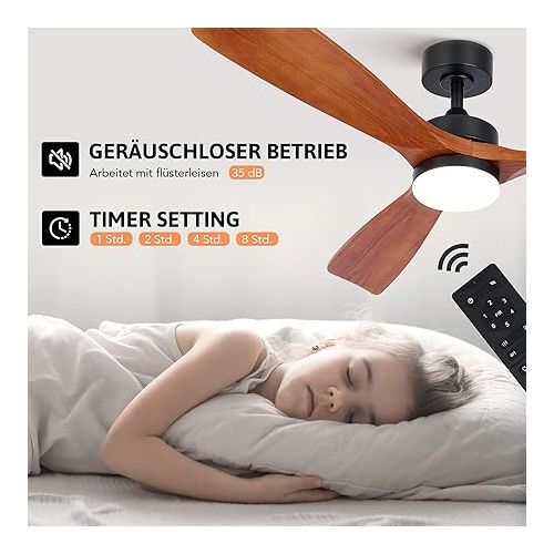  CO-Z Ceiling Fan with Remote Control, 52 Inch Wooden Fan, LED Light, Summer and Winter Operation, Quiet DC Motor for Indoor and Covered Outdoor Use
