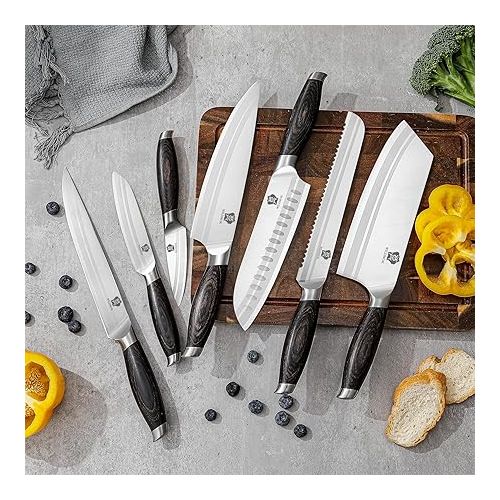  WILDMOK Professional 7 Piece Kitchen Knife Set, Sharp German Stainless Steel Chef's Knife Set with Black Pakka Wood Handle, Gift Box