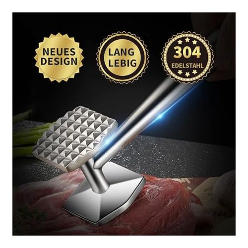  AMOZO Meat Hammer - The New Meat Tenderiser Made of Stainless Steel - Double-Sided Schnitzel Tenderiser - Meat Tenderiser Stainless Steel - Meat Hammer Stainless Steel for Schnitzel Steaks