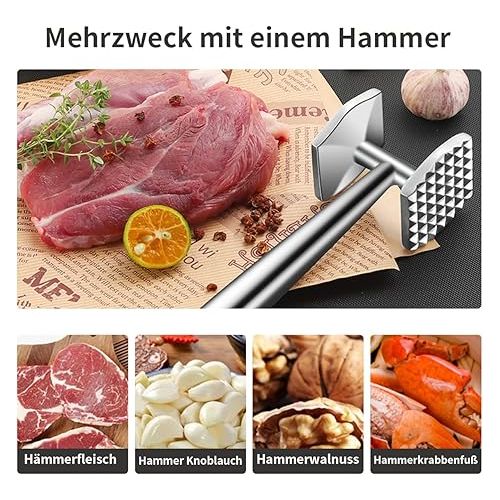  AMOZO Meat Hammer - The New Meat Tenderiser Made of Stainless Steel - Double-Sided Schnitzel Tenderiser - Meat Tenderiser Stainless Steel - Meat Hammer Stainless Steel for Schnitzel Steaks