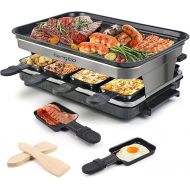 Raclette Electric Table Grill for 8 People, Raclette Grill with 8 Mini Raclette Pans and 4 Wooden Spatulas, Continuously Adjustable Temperature, 1500 W, Non-Stick Coating, Stainless Steel