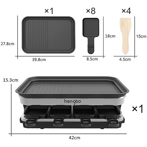  Raclette Electric Table Grill for 8 People, Raclette Grill with 8 Mini Raclette Pans and 4 Wooden Spatulas, Continuously Adjustable Temperature, 1500 W, Non-Stick Coating, Stainless Steel