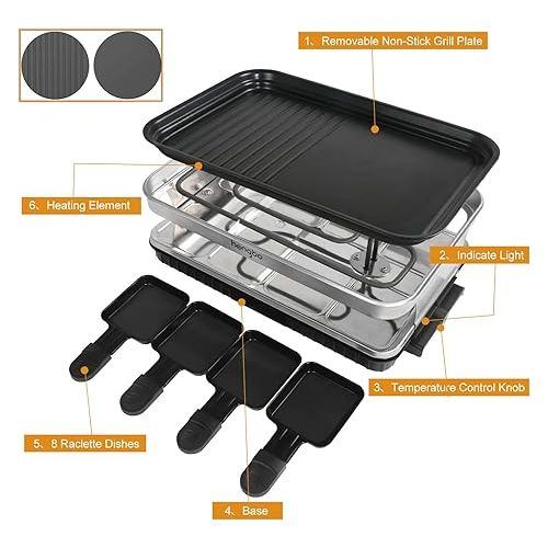  Raclette Electric Table Grill for 8 People, Raclette Grill with 8 Mini Raclette Pans and 4 Wooden Spatulas, Continuously Adjustable Temperature, 1500 W, Non-Stick Coating, Stainless Steel