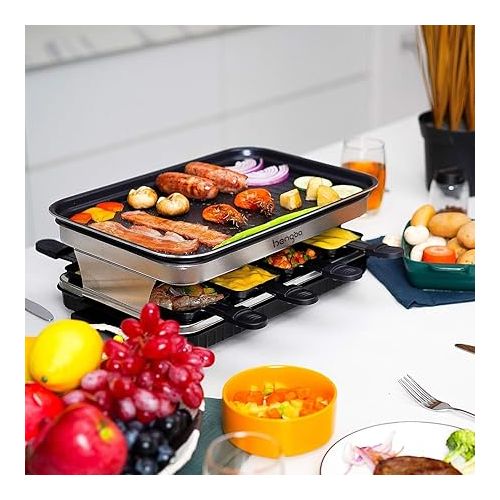  Raclette Electric Table Grill for 8 People, Raclette Grill with 8 Mini Raclette Pans and 4 Wooden Spatulas, Continuously Adjustable Temperature, 1500 W, Non-Stick Coating, Stainless Steel