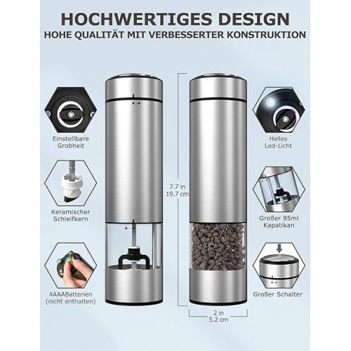  innhom Salt and Pepper Mill Electric Set of 2 Pepper Mills Made of Battery Operated, Stainless Steel Adjustable Coarseness Spice Mill Electric, Automatic Grinding with LED Light