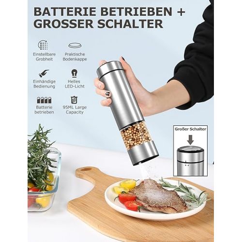  innhom Salt and Pepper Mill Electric Set of 2 Pepper Mills Made of Battery Operated, Stainless Steel Adjustable Coarseness Spice Mill Electric, Automatic Grinding with LED Light