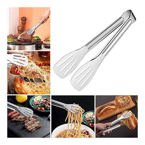  Aiareozy Stainless Steel Serving Tongs, Pack of 2 Kitchen Tongs, BBQ Griddle Spatula, Pastry Tongs, Asparagus Tongs, Spaghetti Tongs, for Meat, Salad, Spaghetti, Steak, Sausage, Roasting