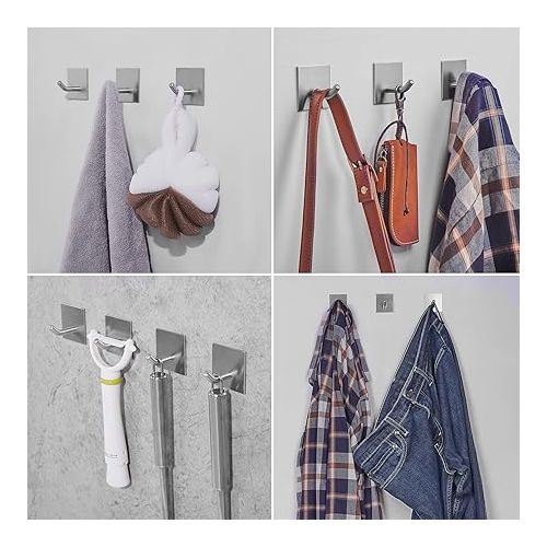  FOMANSH Self-Adhesive Hook, Towel Hook without Drilling, Strong Rustproof Stainless Steel Wall Hook, Holder on the Wall, Storage for e.g. Keys, Towel, Dress, for Bathroom, Toilet, Kitchen, Office, 4