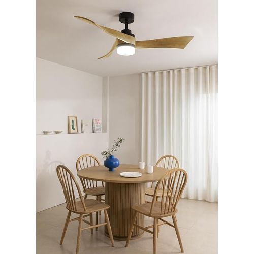  CREATE / Windlight Curve Ceiling Fan Black with Lighting and Remote Control, Natural Wood Wings / 40 W, Quiet, Diameter 132 cm, 6 Speeds, Timer, DC Motor, Summer Winter Operation