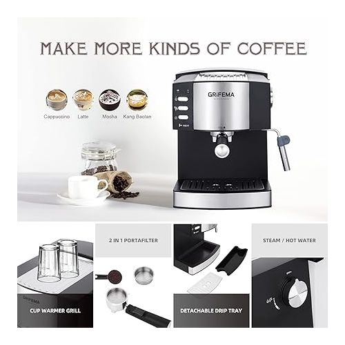  GRIFEMA GC3002 Fully Automatic Coffee Machine with Latte Go Milk System for Cappuccino, Coffee Machine with Grinder, 2-Cup Function, 1.6 Litre Water Tank, Black