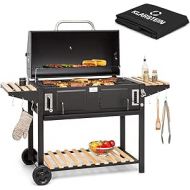 Klarstein Charcoal Grill Large, BBQ Grill, Charcoal Grill Trolley with Wooden Shelves, Thermometer & Wheels, Weatherproof Charcoal Grill, American Barbecue Grill, Large Charcoal Grill, Charcoal Grill