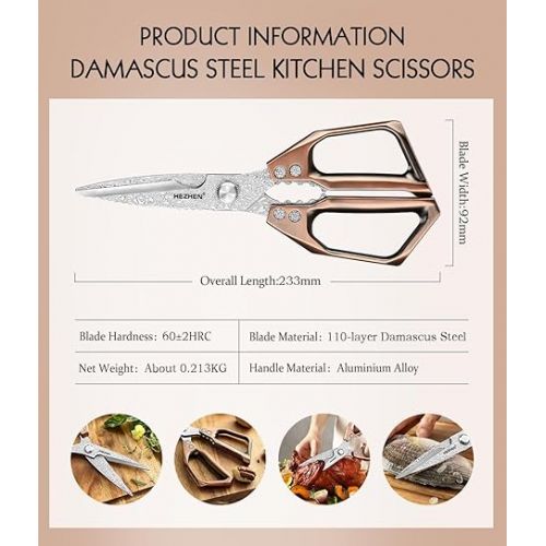  HEZHEN Damask Kitchen Scissors, Multifunctional Cooking Scissors, Saw Cut, 110 Layers Damascus Steel Scissors, Kitchen, Aluminium Alloy Handle