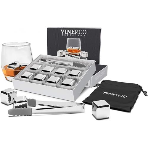  Whisky Steine Set - 8 Wiederverwendbare Edelstahl Eiswurfel, Zange + Stoffbeutel, Whiskey Ice Cubes Metall Kuhlsteine Bar Zubehor Cocktail Rocks Gin Stones Dekorationszubehor Geschenk Whiskysteine