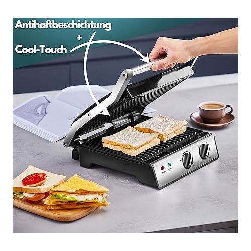  XXL Contact Grill Removable Plates 30 Minute Timer Panini Toaster Sandwich Toaster Electric Table Grill Contact Grill for Sandwiches, Steak and Panini Grill Electric Grill