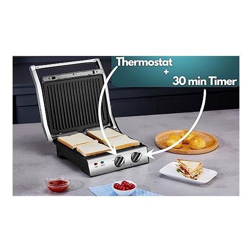  XXL Contact Grill Removable Plates 30 Minute Timer Panini Toaster Sandwich Toaster Electric Table Grill Contact Grill for Sandwiches, Steak and Panini Grill Electric Grill