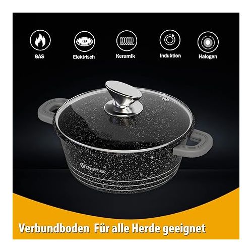  Scheffler Saucepan 20 cm 2.2 L with Glass Lid, Casserole Pot with Non-Stick Coating, Induction Stewing Pan, Cast Aluminium, 2 Silicone Handle Protectors, Dishwasher Safe, for All Types of Cookers,