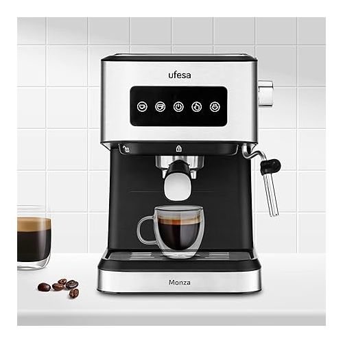  Ufesa Monza Espresso and Cappuccino Coffee Machine with 20 Bar Pressure, Digital Touch Panel, Swivel Steam Nozzle, for Ground Coffee or E.S.E. Pads, Cup Warmer Function, 1050 W, 1.5 L Water Tank