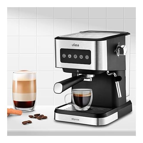  Ufesa Monza Espresso and Cappuccino Coffee Machine with 20 Bar Pressure, Digital Touch Panel, Swivel Steam Nozzle, for Ground Coffee or E.S.E. Pads, Cup Warmer Function, 1050 W, 1.5 L Water Tank