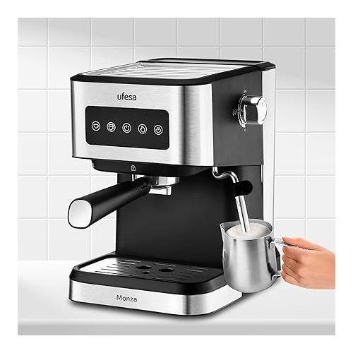  Ufesa Monza Espresso and Cappuccino Coffee Machine with 20 Bar Pressure, Digital Touch Panel, Swivel Steam Nozzle, for Ground Coffee or E.S.E. Pads, Cup Warmer Function, 1050 W, 1.5 L Water Tank