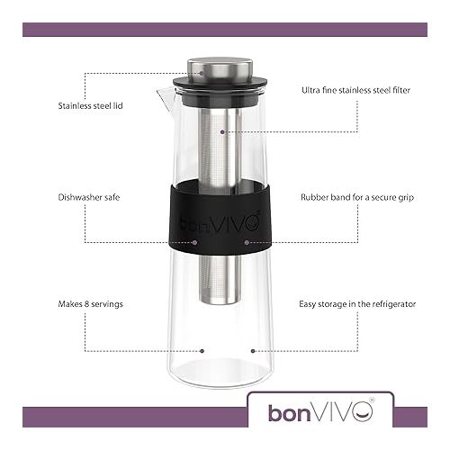  bonVIVO Cold Brew Coffee Maker - Coffee Maker with Glass Carafe Made of Borosilicate Glass and Stainless Steel Filter - Cold Brew Bottle for Coffee, Iced Coffee - Cold Brew Tea Maker - 1 Litre (4