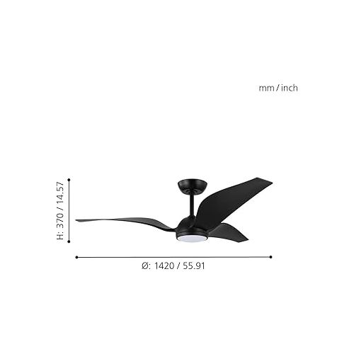  EGLO Mosteiros Ceiling Fan, 3-Blade Fan with Remote Control and Lighting, Summer Winter Operation, Natural Breeze, High-Quality ABS Plastic, Matte Black, DC Motor, Quiet, Diameter 142 cm