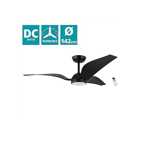  EGLO Mosteiros Ceiling Fan, 3-Blade Fan with Remote Control and Lighting, Summer Winter Operation, Natural Breeze, High-Quality ABS Plastic, Matte Black, DC Motor, Quiet, Diameter 142 cm