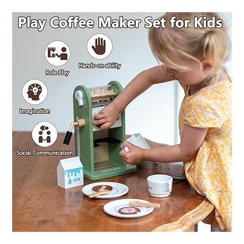  Smartwo Children's Wooden Coffee Machine, Children's Kitchen Coffee Machine with Mill, Play Kitchen Accessories, Espresso Machine Wooden Toy Set, Kitchen Accessories, Role Play, Gift Girls from 3