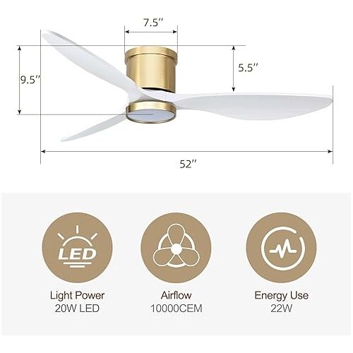  Ovlaim 132 cm Smart Ceiling Fan with 3 Wooden Shovels and LED Light, WiFi Ceiling Fans with Remote Control, DC Motor for Bedroom, Living Room, Office - White and Gold