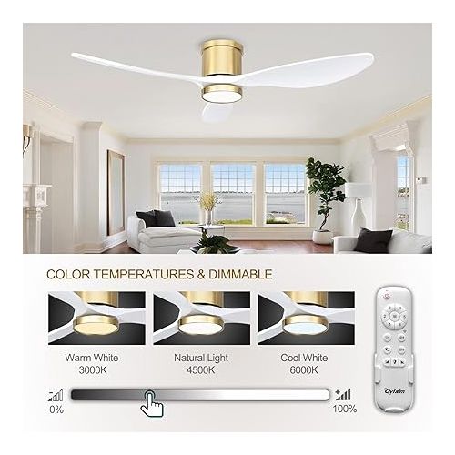  Ovlaim 132 cm Smart Ceiling Fan with 3 Wooden Shovels and LED Light, WiFi Ceiling Fans with Remote Control, DC Motor for Bedroom, Living Room, Office - White and Gold