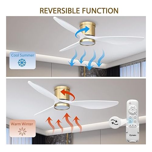  Ovlaim 132 cm Smart Ceiling Fan with 3 Wooden Shovels and LED Light, WiFi Ceiling Fans with Remote Control, DC Motor for Bedroom, Living Room, Office - White and Gold