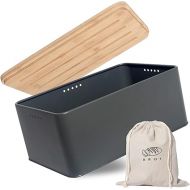 Theo&Cleo Bread Bin with Chopping Board, 33 x 21 x 15 cm, Matte Bread Box with Wooden Lid and Linen Bread Bag, All-Round Ventilation, Bread Basket for Long-Lasting Freshness, Grey