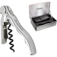 Pulltex Sommelier Set 2-Piece Waiter's Knife Pulltaps Classic Chrome Evolution with Laser Engraving and Black Faux Leather Case in Elegant Gift Box