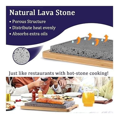  Artestia Extra Large Lava Stone for Cooking Steak, Hot Stone Plates, Table Grill, Grill Plate for Meat, BBQ Lava Steak Stones with Bamboo Plate(13.7 x 9 Inch)