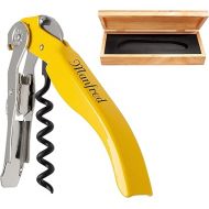 Pulltex Sommelier Set 2-Piece Waiter's Knife Pulltaps ClickCut Yellow with Laser Engraving and Brown Faux Leather Case in Elegant Gift Box