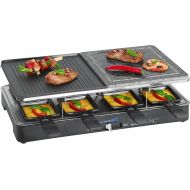 Clatronic RG 3518 Raclette-Grill mit heißem Stein zum Grillen und Uberbacken, Wendegussplatte, Tischgrill elektrisch mit Steinplatte, Set inkl. 8 Pfannchen und 8 Holzspatel, antihaftbeschichtet