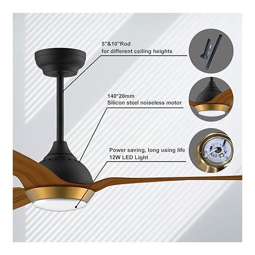  reiga 132 cm WiFi Ceiling Fan with Dimmable LED Lighting and Remote Control, 3 Colour Temperatures, DC Motor 6 Speeds, Compatible with Alexa, Google Home App, Wood & Brown