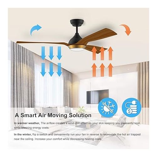  reiga 132 cm WiFi Ceiling Fan with Dimmable LED Lighting and Remote Control, 3 Colour Temperatures, DC Motor 6 Speeds, Compatible with Alexa, Google Home App, Wood & Brown