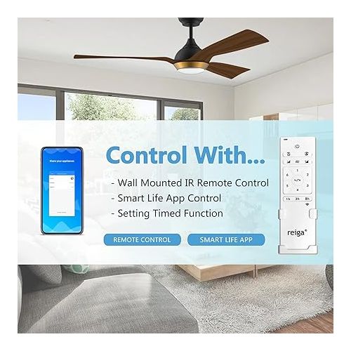  reiga 132 cm WiFi Ceiling Fan with Dimmable LED Lighting and Remote Control, 3 Colour Temperatures, DC Motor 6 Speeds, Compatible with Alexa, Google Home App, Wood & Brown