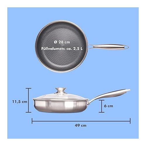  Reishunger Premium stainless steel pan with non-stick coating (diameter 28 cm) - oven-safe up to 220 degrees - perfect for gentle frying on all types of cookers