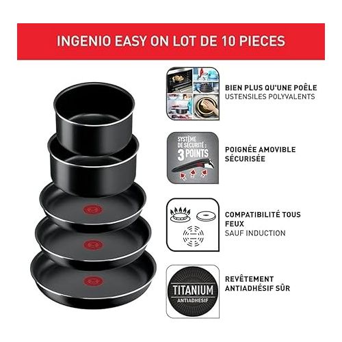  Tefal Ingenio Easy on Cookware, 10 Pieces, Non-Stick Coating, Start Indicator, Diffusion Base, Healthy Cooking, Safe Cooking, L1599902