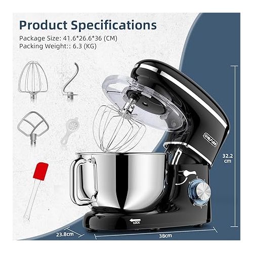  CHeflee Kitchen Dough Machine, 1500 W Kneading Machine, with 6.2 L Stainless Steel Bowl, 6 Speed Reduced Noise, with Whisk, Mixing Hook, Splash-Protected Kneading Machine with Dough Hook
