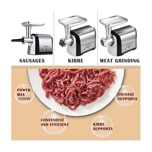  SOKANY SK-088 Electric Meat Mincer 3200 W, 3-in-1 Multi Food Processor, Sausage Filler with 3 Stainless Steel Hole Discs, Sausage Attachment, Pluger, Kebbe Attachment