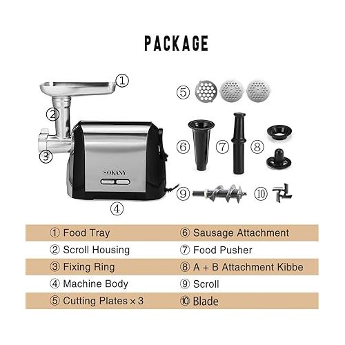  SOKANY SK-088 Electric Meat Mincer 3200 W, 3-in-1 Multi Food Processor, Sausage Filler with 3 Stainless Steel Hole Discs, Sausage Attachment, Pluger, Kebbe Attachment