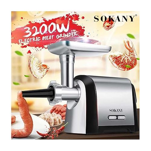  SOKANY SK-088 Electric Meat Mincer 3200 W, 3-in-1 Multi Food Processor, Sausage Filler with 3 Stainless Steel Hole Discs, Sausage Attachment, Pluger, Kebbe Attachment