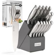 KATISUN Knife Set, Knife Block Set, 15 Pieces, Japanese Steel 420j2 Knife Set with Polished Handles for Comfort and Durability, Stainless Steel Chef's Knife Set with Wooden Block, Metallic Grey