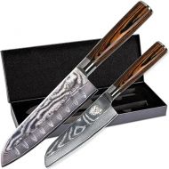 Wolfblood Set of 2 Damascus Knife Set (30 cm and 24 cm) Professional Santoku Damask Kitchen Knife Made of Real 67 Layers Damascus Steel I Santoku Damascus Knife Set with Wooden Handle Gift Box & Blade